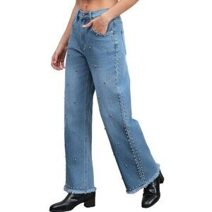 Studded Wide Straight Leg Jeans Women Stretchy Mid Rise Baggy Raw Hem Rivet Sz18